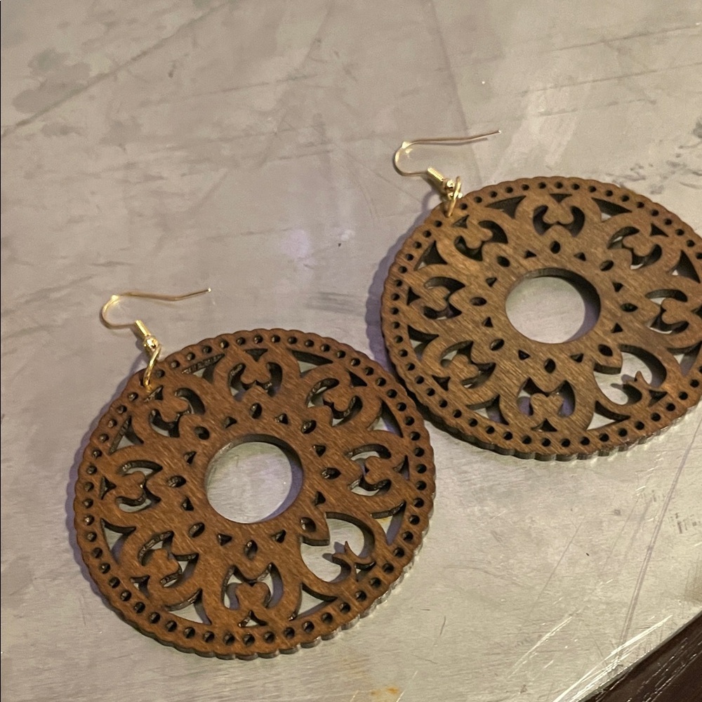 Round Wooden Earrings with Gold Hooks